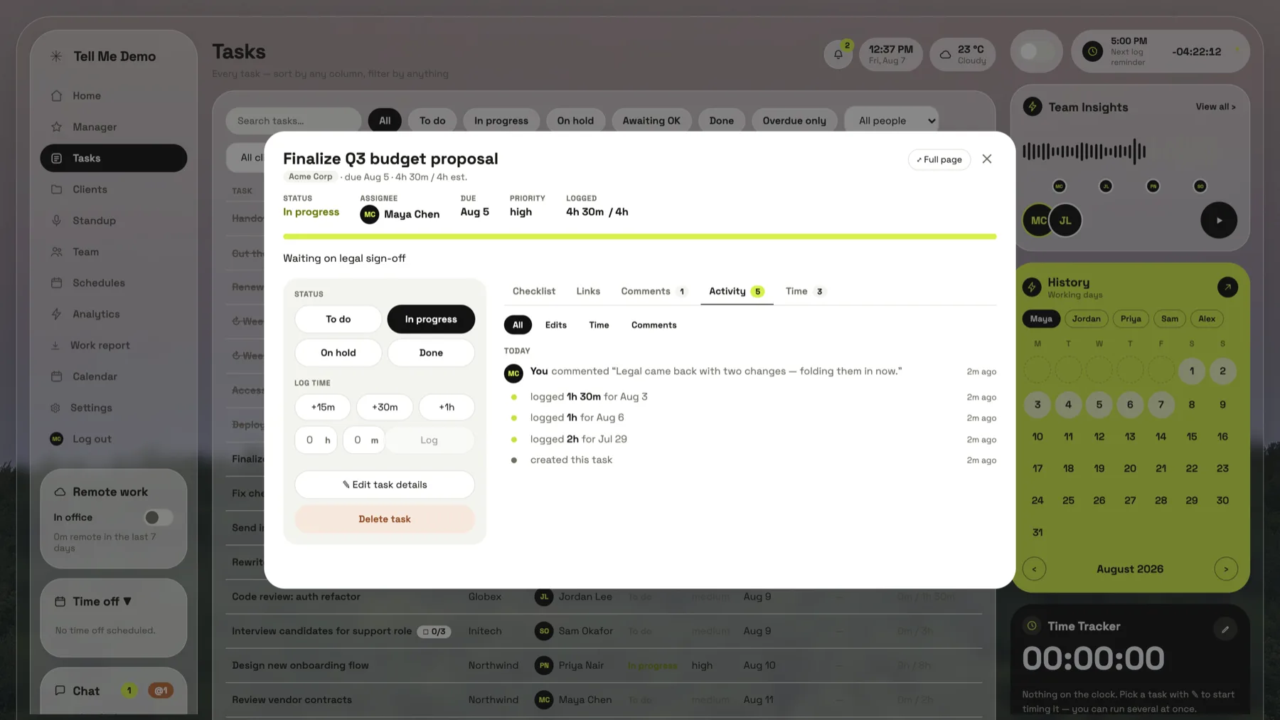 A task open: status and time logging down one side; checklist, links, comments and history in tabs.