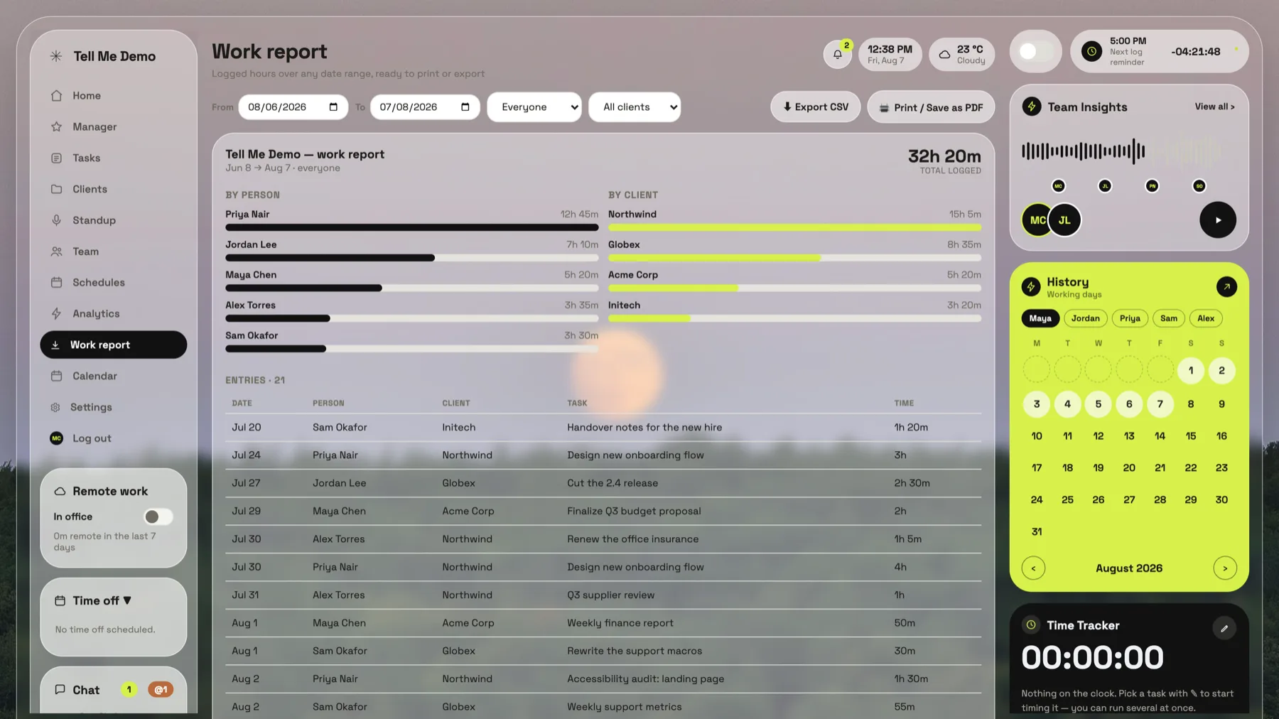 Work report: hours by person and by client over a date range, with every entry listed.