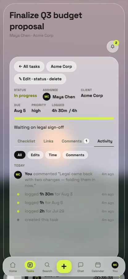 A task open on iPhone, showing its full history.